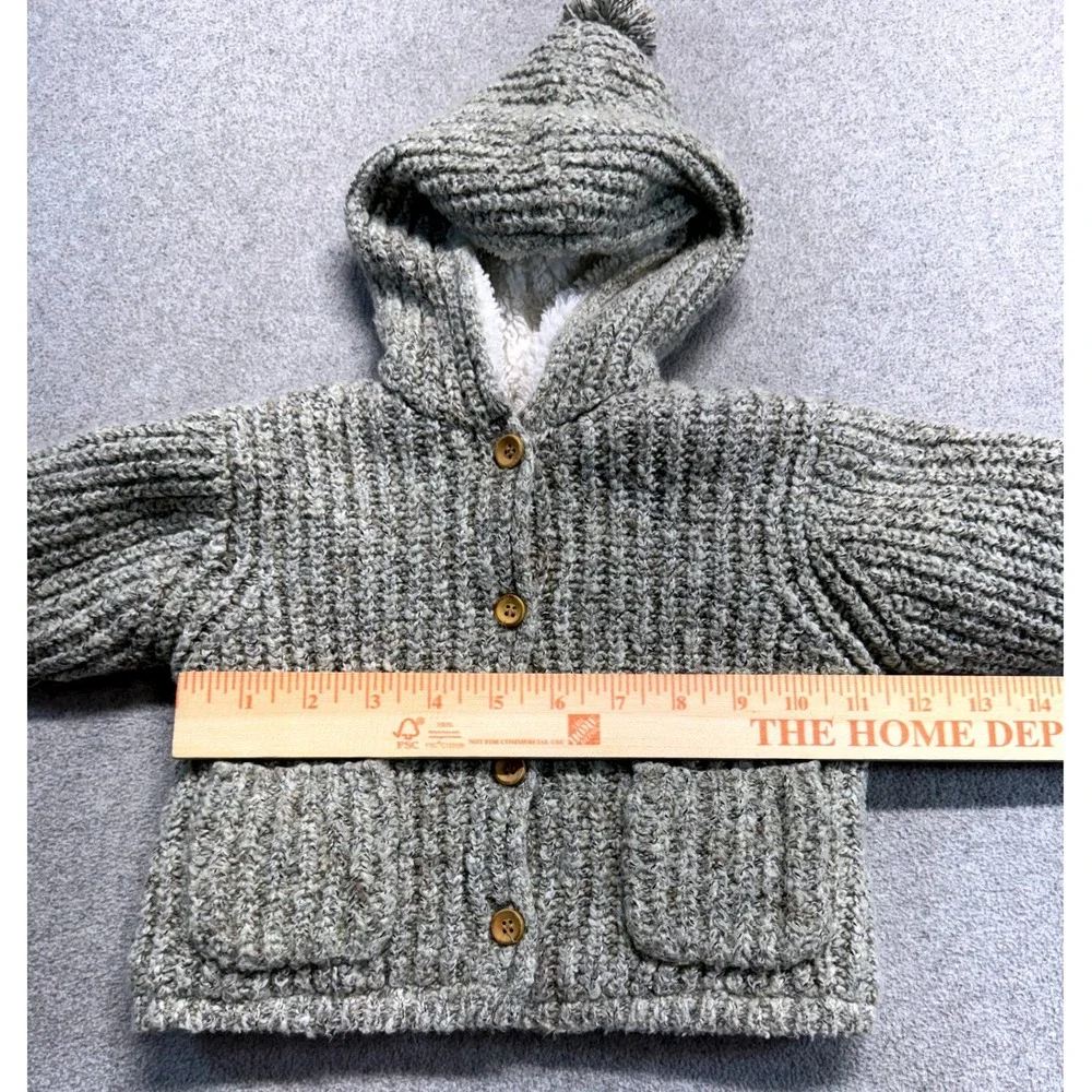 Zara Hooded Knit Cardigan Kids 3-6 Months Gray Faux Fur Lined Pom Pom Jacket